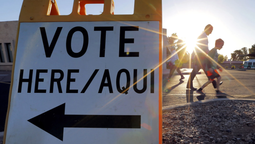 A polling station at sunrise in Phoenix as voting begins in Arizona's presidential primary election.