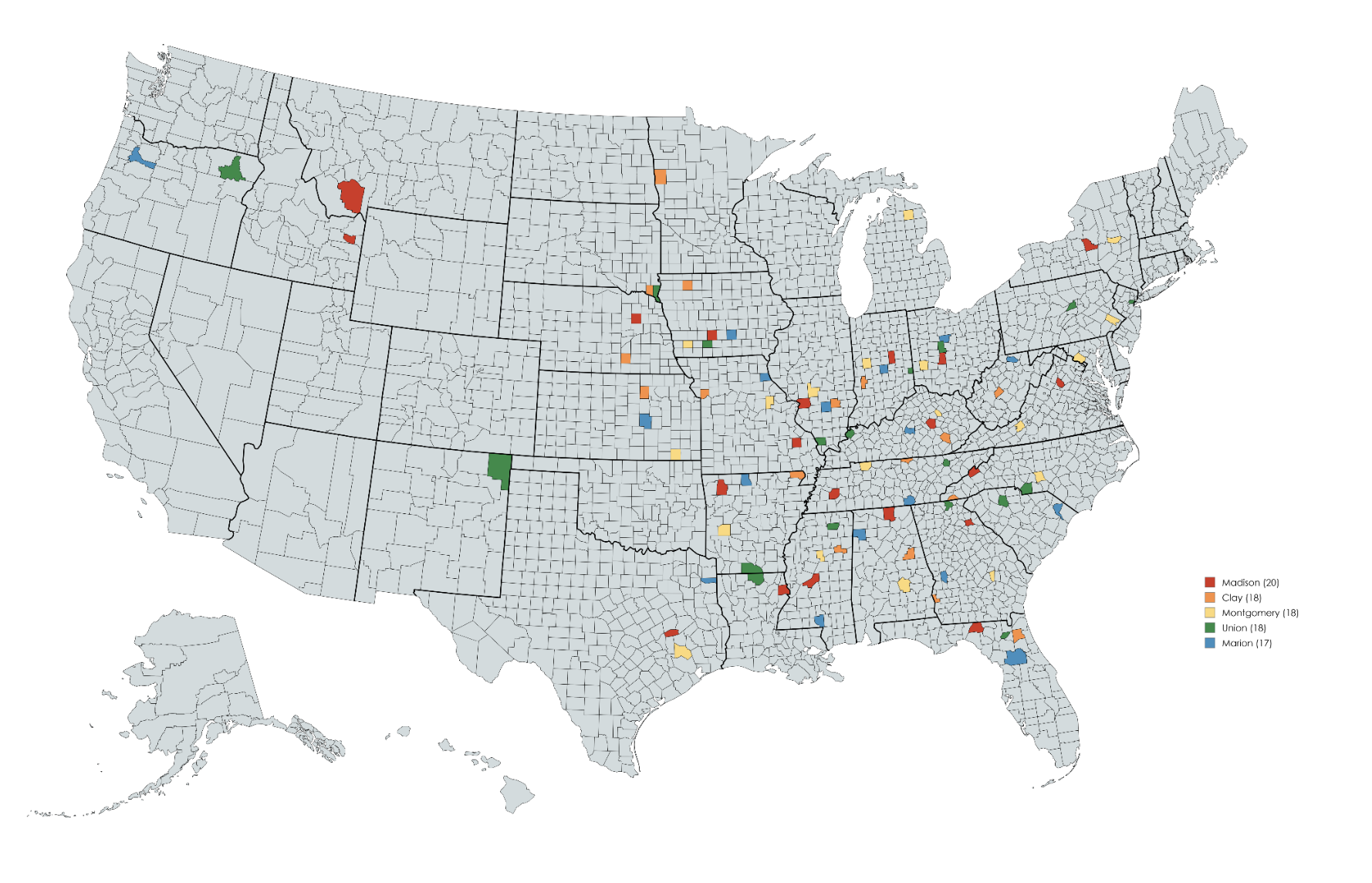 Map of U.S. counties highlighting counties named Madison, Clay, Montgomery, Union, and Marion across different states.