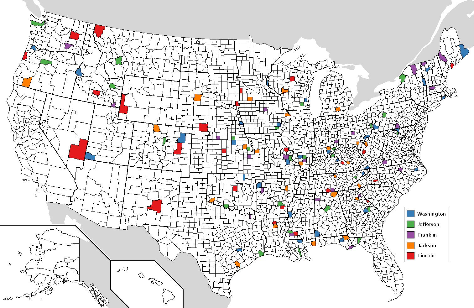 Map of U.S. counties highlighting the five most common county names: Washington, Jefferson, Franklin, Jackson, and Lincoln.
